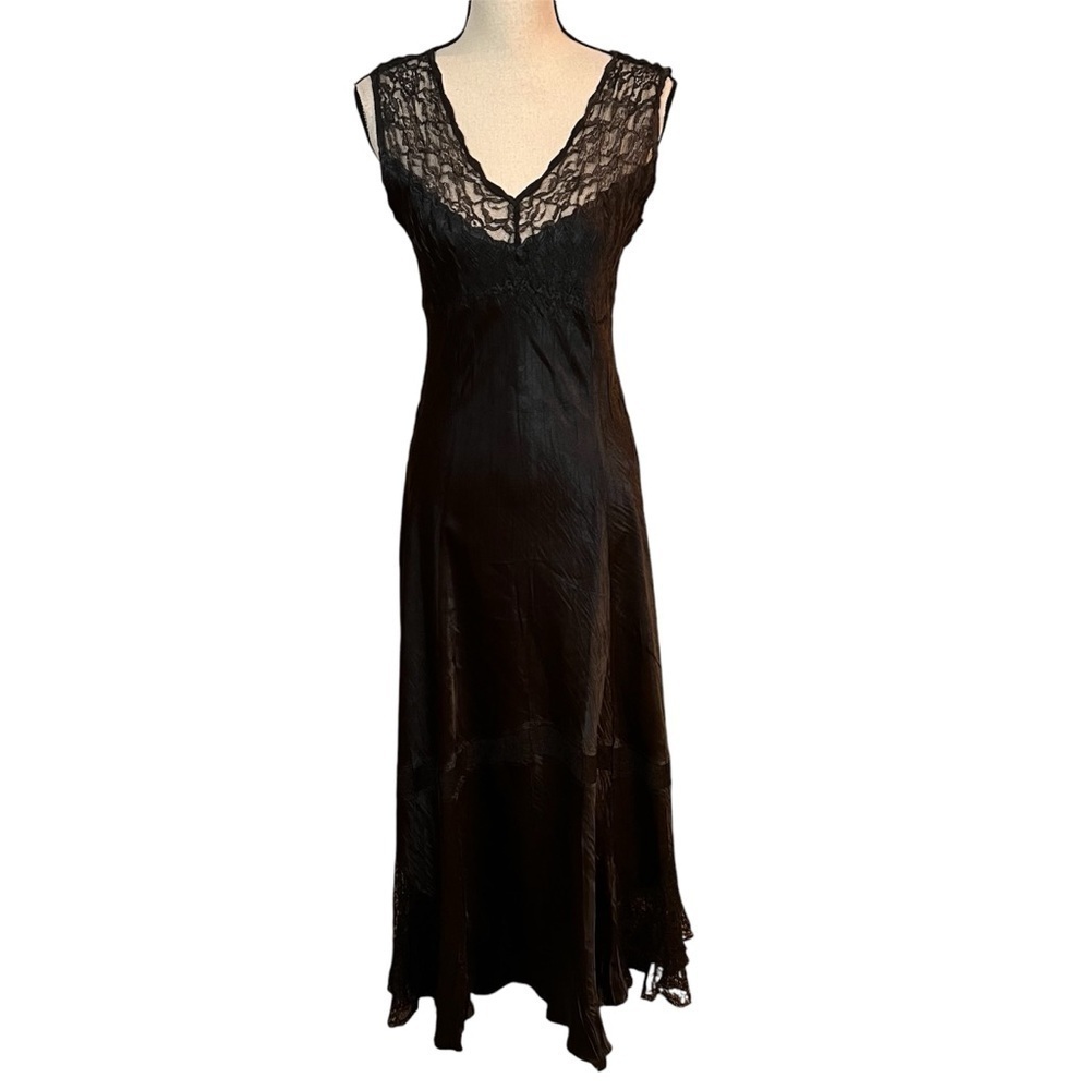 Komarov Black Charmeuse & Lace Maxi Slip Dress Sz-M